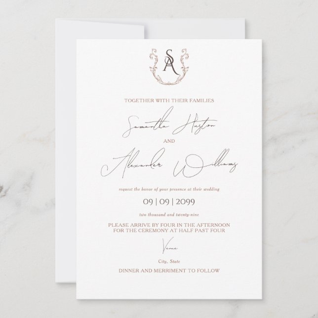 Minimalist Mocha Mousse Preppy Calligraphy Wedding Invitation (Front)