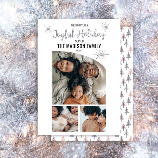 Minimalist Modern 3 Photo Joyful Holiday Season (Here's wishing you and your family a "Joyful Holiday" with this unique tapered top 3-photo design.)