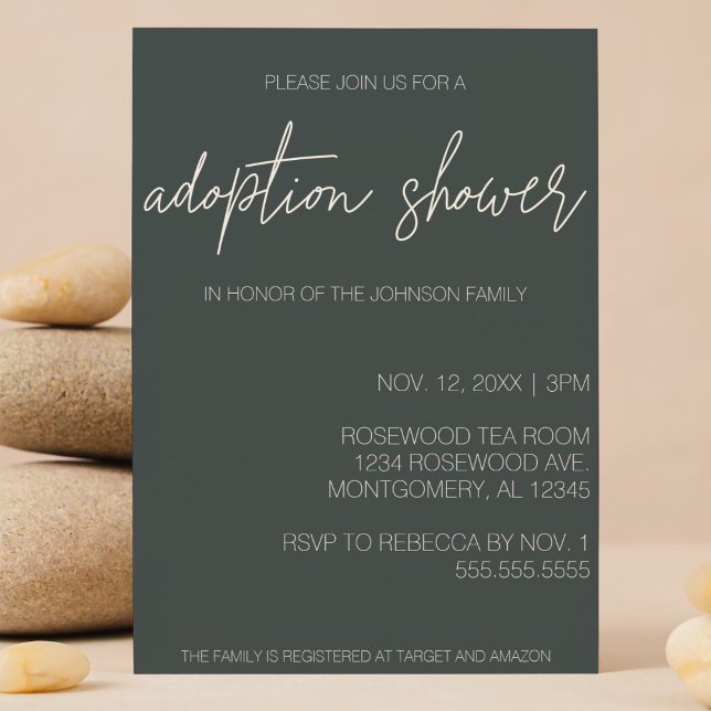Minimalist Modern Adoption Baby/Child Shower Invitation (simple modern minimalist adoption baby child shower party invitation green script )
