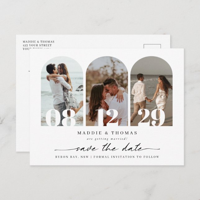 Minimalist modern arch photo Save the Date Postcard (Front/Back)