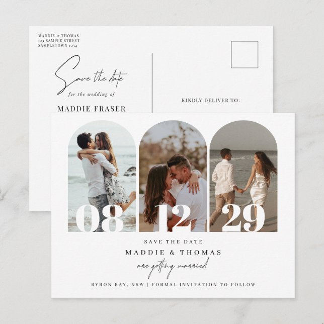 Minimalist modern arch photo Save the Date Postcard (Front/Back)