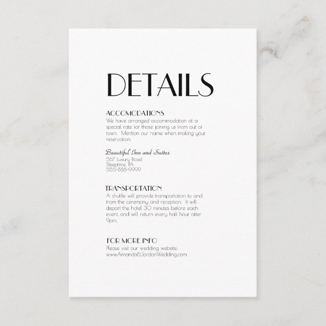 Minimalist Modern Art Deco Wedding Details Enclosure Card (Front)