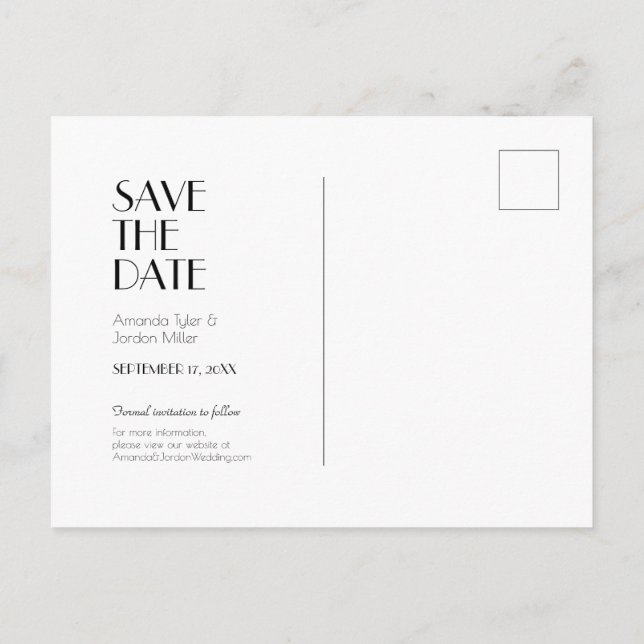 Minimalist Modern Art Deco Wedding Save the Date Announcement Postcard (Back)