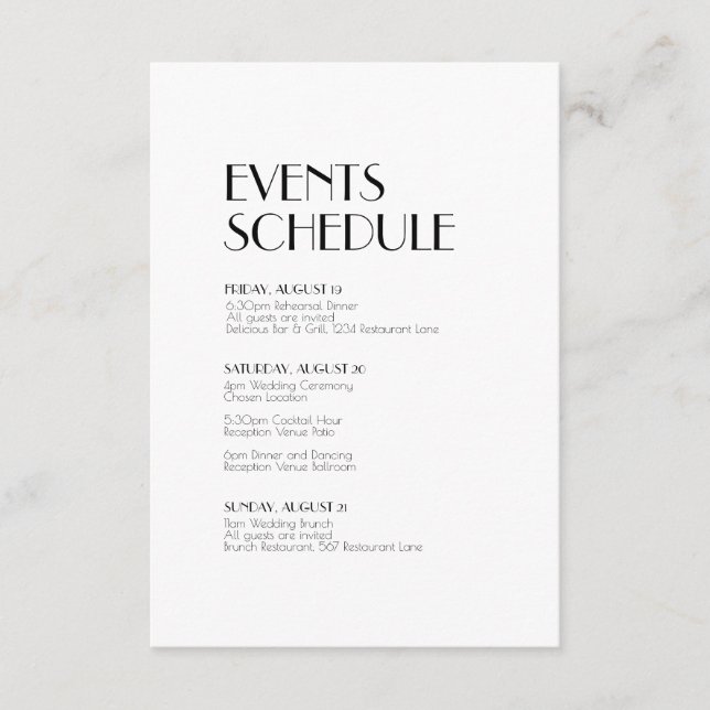 Minimalist Modern Art Deco Wedding Schedule Enclosure Card (Front)