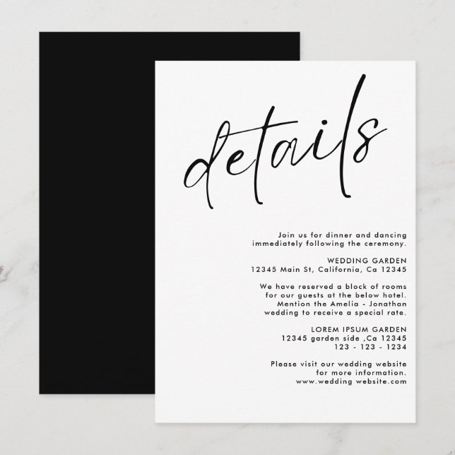 Minimalist modern black and white wedding details enclosure card (Front/Back)
