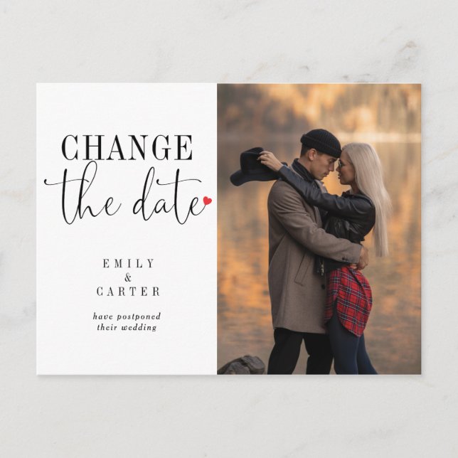 Minimalist Modern Black Change The Date Typography Invitation Postcard (Front)