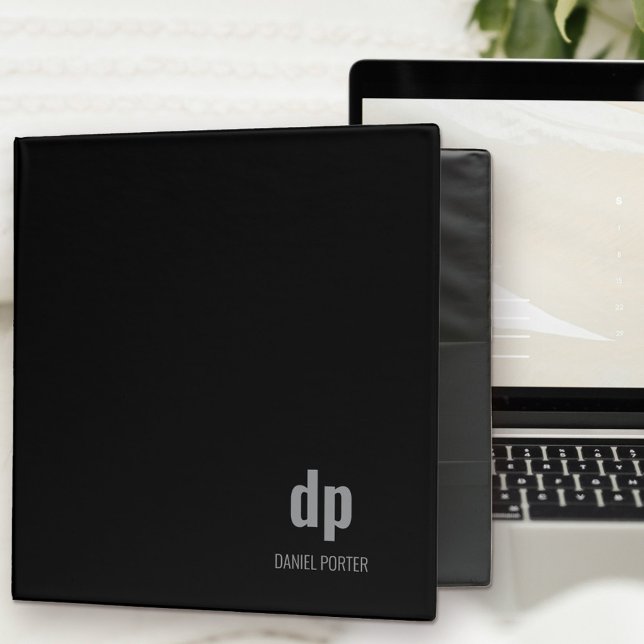 Minimalist Modern Black Grey Monogrammed Binder (Black professional binder with minimalist design, modern monogram and custom spine title)