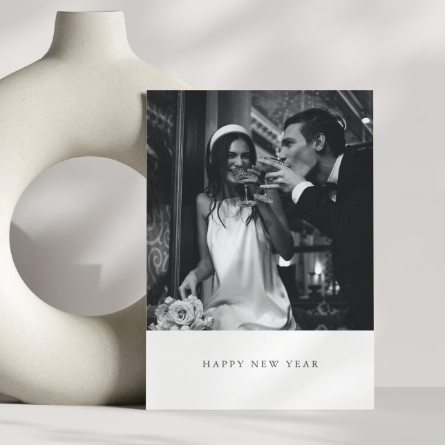 Minimalist Modern Black New Year Photo Wedding Holiday Card (Creator Uploaded)