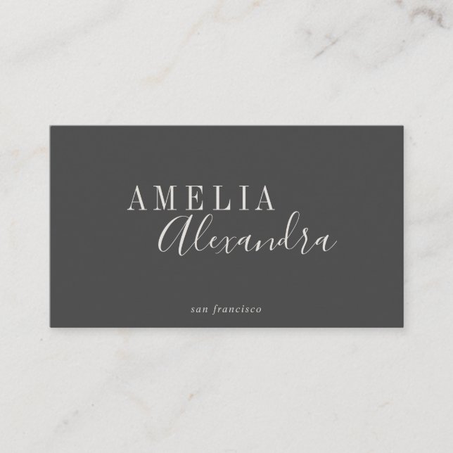 Minimalist Modern Black White Bold Script Chic Business Card (Front)