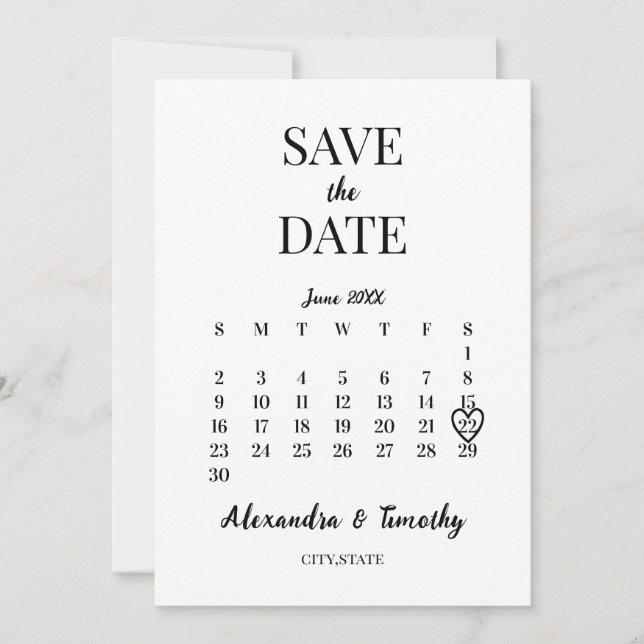 Minimalist Modern Black & White Calendar Wedding Save The Date (Front)