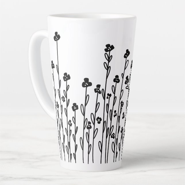 Minimalist modern black white doodle floral latte mug (Left Angle)