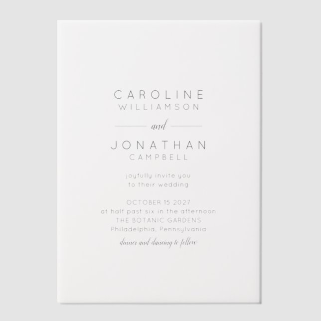 Minimalist Modern Black White Full Name Wedding Vellum Invitations (Front)