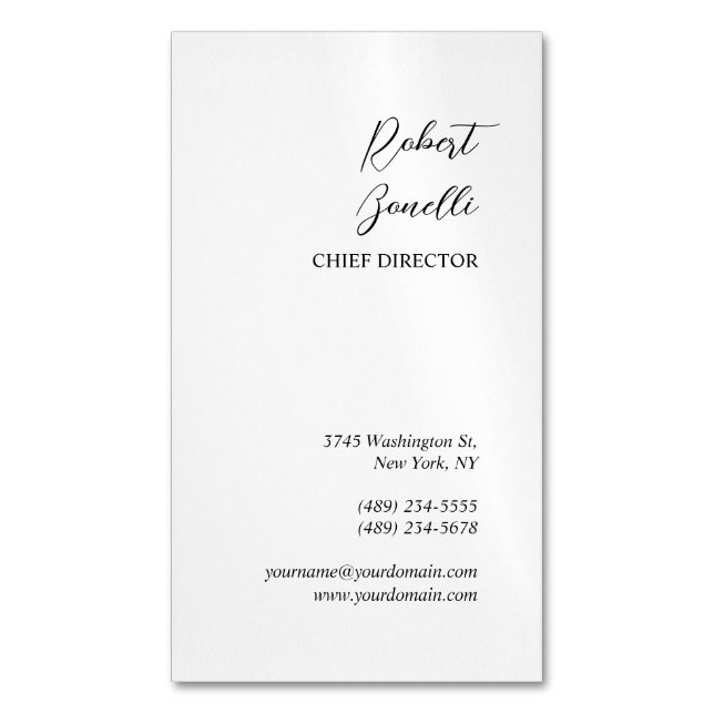 Minimalist Modern Black White Personalized Magnetic Business Card (Front Vertical)