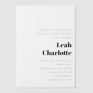 Minimalist Modern Black White Simple Bat Mitzvah Vellum Invitations