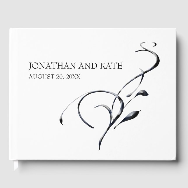 Minimalist & Modern, Black & White Swirl Wedding Guest Book (Front)
