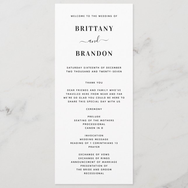 Minimalist Modern Black & White Wedding Program (Front)