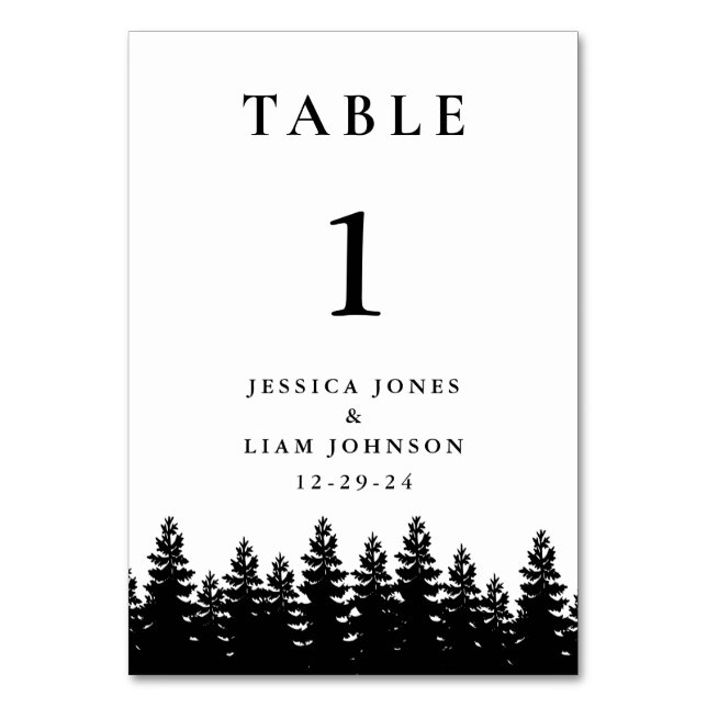 Minimalist Modern Black White Winter Wedding Table Number (Front)