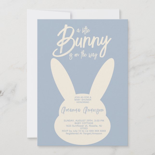 Minimalist Modern Blue Bunny Baby Boy Shower Invitation (Front)