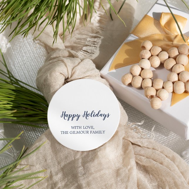 Minimalist Modern|Blue Happy Holidays Gift Classic Round Sticker (Creator Uploaded)