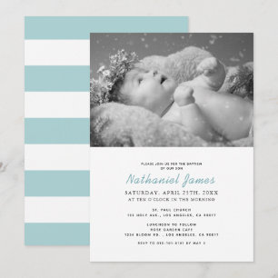 Minimalist Modern Blue Stripes Boy Photo Baptism Invitation