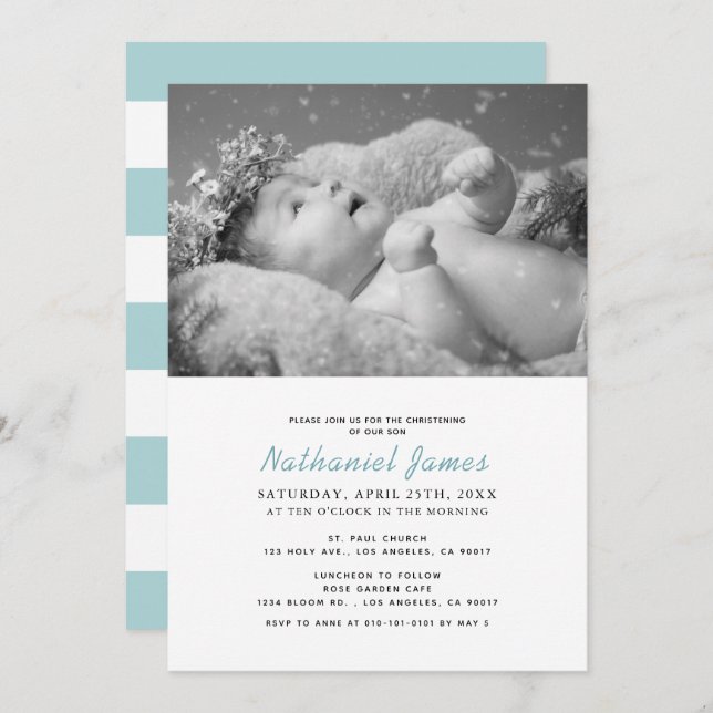Minimalist Modern Blue Stripes Photo Christening Invitation (Front/Back)