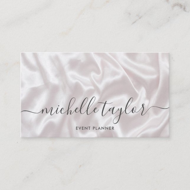Minimalist modern blush pink silk signature script business card (Front)
