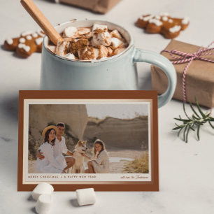 Minimalist Modern Boho Brown 1 Photo Real  Foil Holiday Card