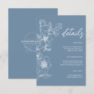 Minimalist Modern Boho Floral Blue Wedding Details Enclosure Card