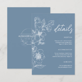 Minimalist Modern Boho Floral Blue Wedding Details Enclosure Card