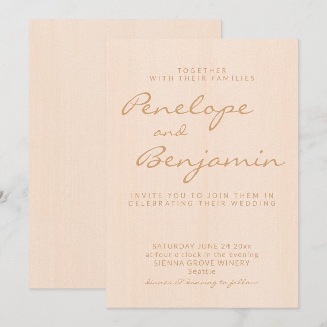 Minimalist Modern Boho Peach Gold Script Wedding Invitation (Front/Back)
