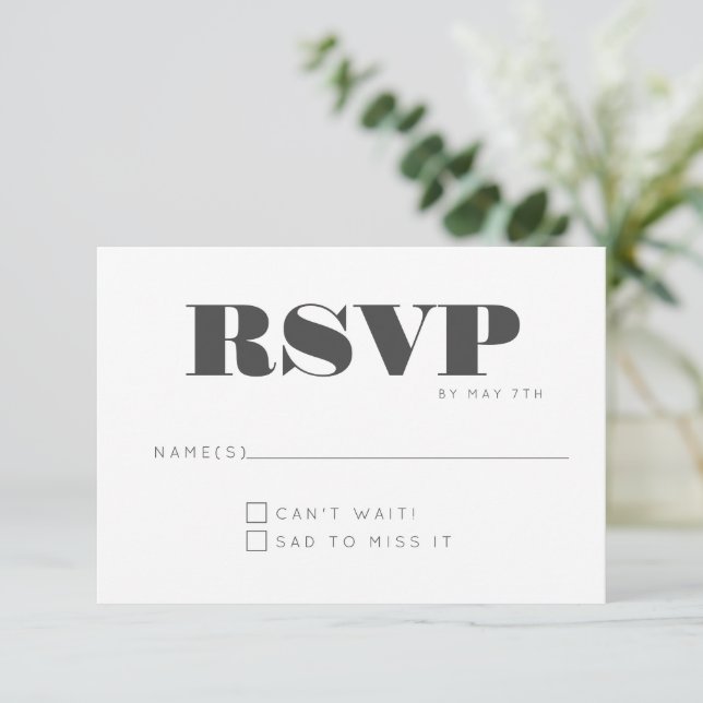 Minimalist Modern Bold Black White Fun Wedding RSVP Card (Standing Front)