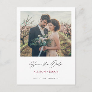 Minimalist Modern Burgundy Photo Save The Date Invitation Postcard