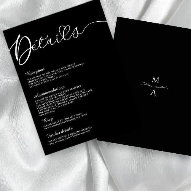 Minimalist Modern Calligraphy Black White Details Invitation (minimalist modern black and white wedding details card)
