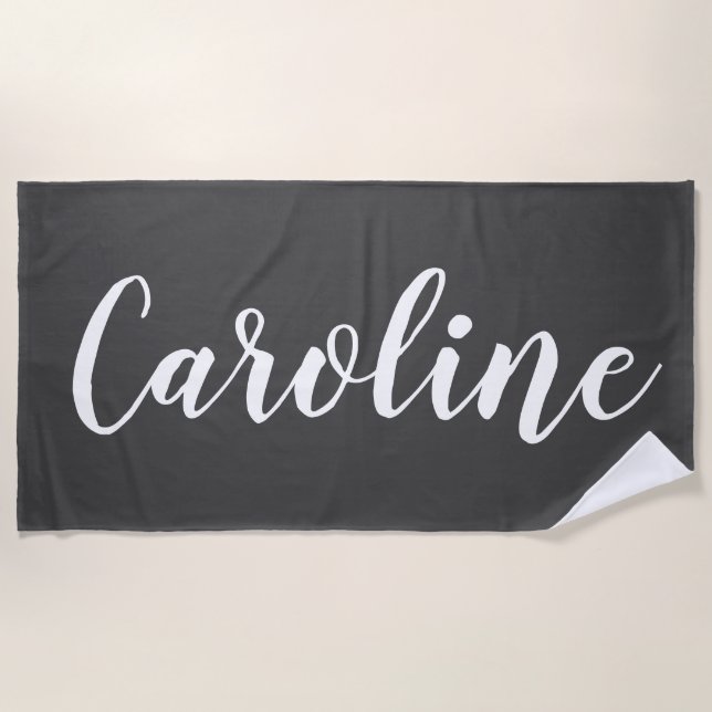 Minimalist Modern Calligraphy Name Black White Beach Towel (Front)