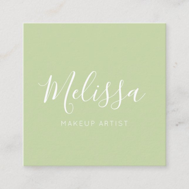 Minimalist Modern Calligraphy Pastel Green Square Business Card (Front)