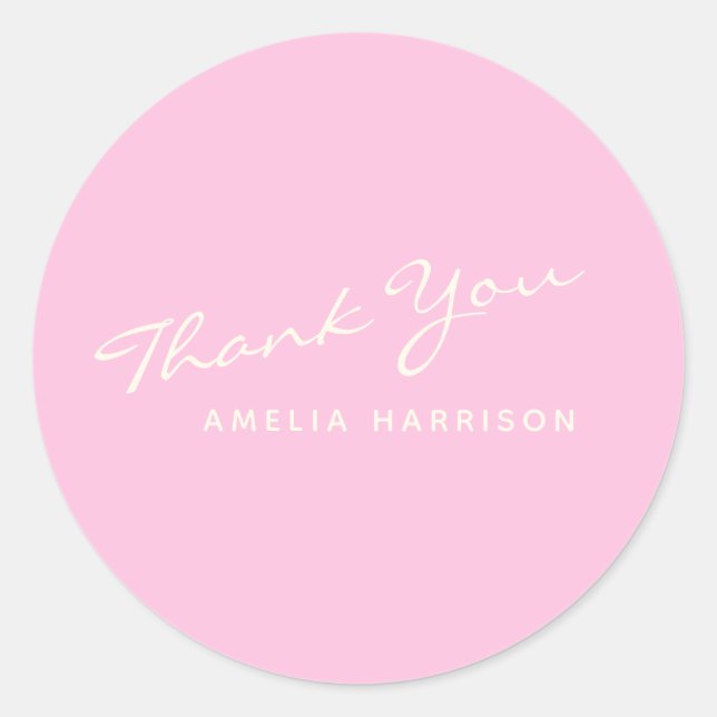 Minimalist Modern Calligraphy Pink Name Thank You Classic Round Sticker (Front)