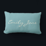 Minimalist Modern Calligraphy Teal Personalized Lumbar Pillow<br><div class="desc">This custom throw pillow features your name in beautiful handwritten script lettering on a stylish teal blue background. Great gift idea.</div>