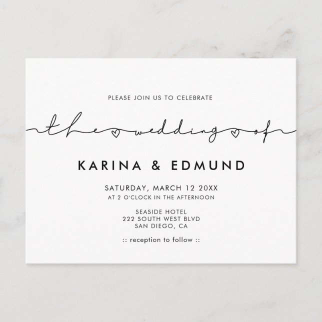 Minimalist modern calligraphy wedding invitation postcard (Front)