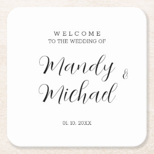 Minimalist Modern Calligraphy Wedding Welcome Square Paper Coaster