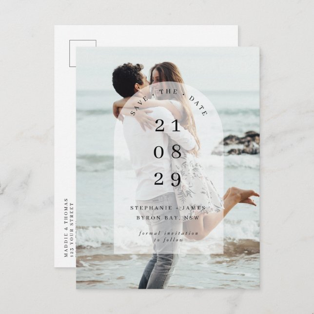 Minimalist modern centre arch photo Save the Date Postcard (Front/Back)