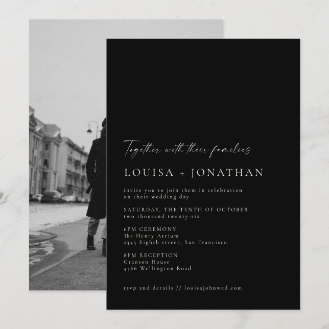 Minimalist Modern Chic Black Script Photo Wedding Invitation (Front/Back)
