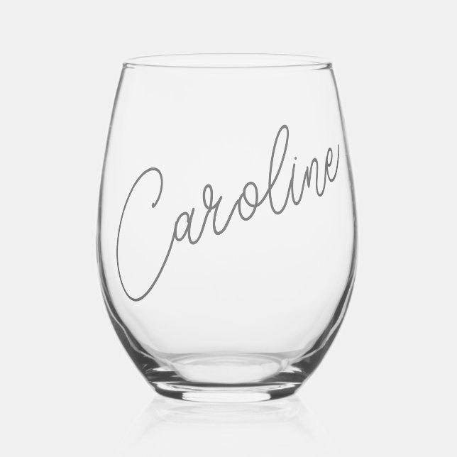 Minimalist Modern Chic Calligraphy Name Custom Stemless Wine Glass (Front)