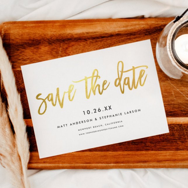 Minimalist Modern Chic Script White + Gold  Save The Date (Creator Uploaded)