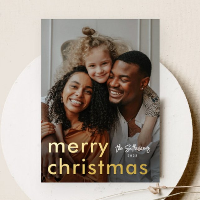 Minimalist Modern Christmas Photo Foil Holiday Postcard (Modern typography merry christmas photo foil holiday postcard.)