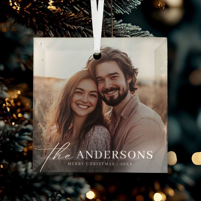 Minimalist Modern Couple Newlywed Photo Christmas Glass Ornament (Creator Uploaded)