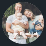 Minimalist modern custom photo text Hanukkah Classic Round Sticker<br><div class="desc">Happy Hanukkah minimalist modern personalized Hanukkah photo stickers and labels.
Custom photo image or picture with fully customizable white text.


Photo credit freepik</div>