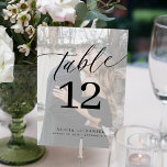 Minimalist modern custom photo white wedding table number<br><div class="desc">Elegant calligraphy script simple modern black and white text light overlay bride and groom names and photo personalized wedding table number. Please note that to order different numbers you need to customize them and put them in the shopping cart one by one (one card with no 1, another with no...</div>