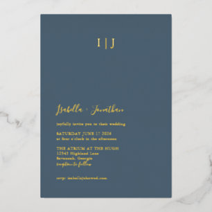 Minimalist Modern Dark Dusty Blue Wedding Gold 