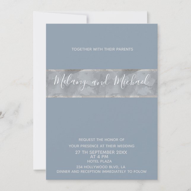 Minimalist modern dusty blue watercolor stripe invitation (Front)
