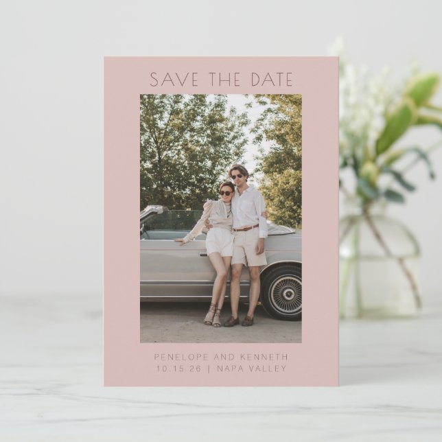 Minimalist Modern Dusty Rose Simple Elegant Photo Save The Date (Standing Front)